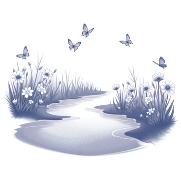 A creek in springtime, with blooming flowers and butterflies fluttering above the water.