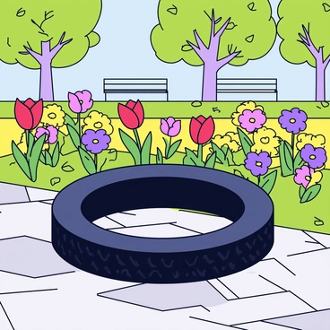 A bike tire resting on a rustic stone path. The tire is black with textured tread patterns. Surrounding the tire is a vibrant city park filled with colorful flowers in full bloom, including red tulips, yellow daisies, and purple pansies. Sunlight filters through the leaves of nearby green trees, casting gentle shadows on the ground. The park has a few benches in the background, adding to the tranquil urban atmosphere.