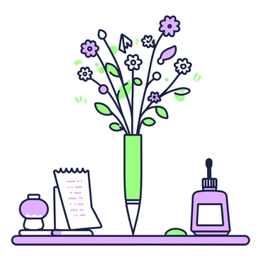 A pen is placed upright on a desk, serving as a unique vase for a small bouquet of wildflowers. The bouquet consists of various wildflower species, showcasing different shapes and sizes, with some flowers having thin stems and others with broader leaves. Each flower is distinctly shaped, some resembling daisies and others having tubular petals. The desk is made of wood, and the pen is positioned in the center of the desk, with the wildflowers protruding from its open end. In the background, there is a notepad and an ink bottle, hinting at a creative workspace.
