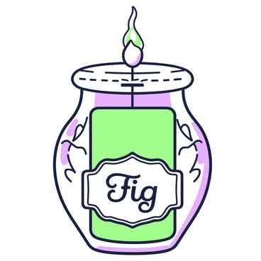 An ornate candle sits inside a clear glass jar. The candle is shaped with intricate designs, highlighting its luxurious texture. A vintage-style label is affixed to the front of the jar, displaying elegant lettering and decorative borders. The label features the word "Fig" prominently at the center. The candle itself has a smooth surface, and the warm light emanates from it, casting soft shadows on the surrounding area. A delicate, spiral-shaped wick protrudes from the top, ready to be lit, while the jar's rim is adorned with subtle embellishments.