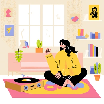 A girl with long, wavy hair sits cross-legged on a colorful rug, wearing a cozy oversized sweater. She is listening to music on a vintage record player that has a wooden finish and a large vinyl disc spinning on top. The retro-styled room features patterned wallpaper in soft pastel colors and a small bookshelf filled with books and knick-knacks. A potted plant sits in the corner, and sunlight streams through a large window, casting warm light across the scene. Various music posters adorn the walls, creating a nostalgic ambiance.