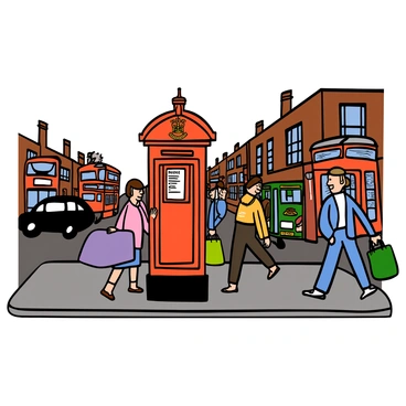 An iconic red Royal Mail postbox standing on a busy London street