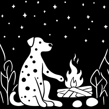 A dalmatian sitting beside a campfire, with flames flickering and casting light on the surrounding area. The dog's coat is covered in distinct black spots. The campfire is built with logs and stones, creating a rustic feel. Above, a starry night sky is filled with numerous stars, twinkling brightly. The silhouette of trees can be seen in the background, framing the scene.