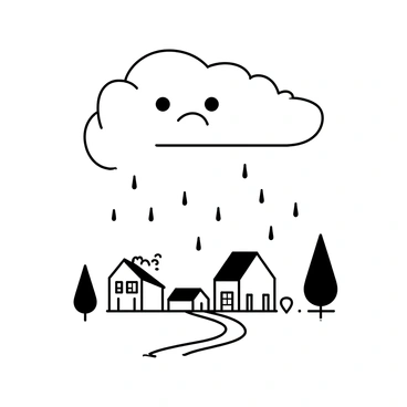 A cartoon cloud with a sad face is hovering above a small town. The cloud has exaggerated features, including large, drooping eyes and a frown. Below, the small town is composed of simple houses with slanted roofs and small windows. The cloud is releasing raindrops that fall toward the town, creating a sense of gloom. In the foreground, a few trees sway gently, and a path winds through the town, leading to the houses.