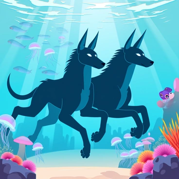 A three-headed Cerberus with sleek, muscular bodies and glowing eyes swims gracefully underwater. Its fur is dark and glistening, with hints of bioluminescence radiating from its skin. Surrounding Cerberus are vibrant coral reefs filled with an array of colorful marine life, including schools of fish in shades of blue, orange, and yellow darting around. Jellyfish with translucent bodies and trailing tentacles float nearby, while a playful octopus clings to a rock, observing the scene. Sunlight filters through the water, creating a dappled effect on the sandy ocean floor below.