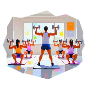 A group fitness class is taking place in a bright, spacious gym. Several participants of various ages and fitness levels are positioned on exercise mats, all performing "skull crushers" in unison. Each participant has a focused expression, with weights held above their heads. The instructor, a fit individual with short hair, is demonstrating the exercise at the front of the class. The room is filled with natural light streaming through large windows, and motivational posters adorn the walls.