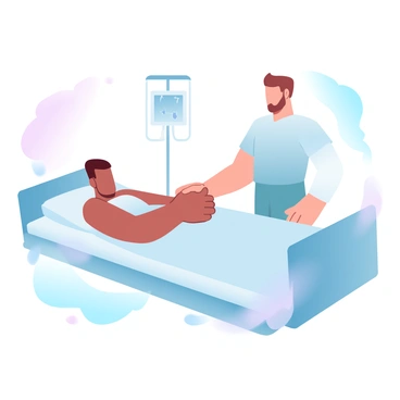 A person is gently holding the hand of a patient who is lying in a hospital bed. The patient is covered with a light blanket and is positioned comfortably on the bed. The person has a supportive stance, with their other hand resting softly on the edge of the bed. The room is filled with medical equipment like an IV stand and a heart monitor, with soft, diffused lighting creating a calming atmosphere.
