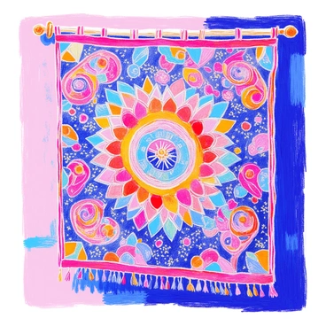 A bohemian tapestry is hanging on a wall, featuring intricate patterns with an array of vibrant colors. The tapestry is adorned with various chakra symbols, each one distinct and colorful. The patterns include swirling geometric shapes and floral motifs that interconnect seamlessly. The overall effect creates a rich visual tapestry that draws the eye to its detailed craftsmanship and vibrant hues.