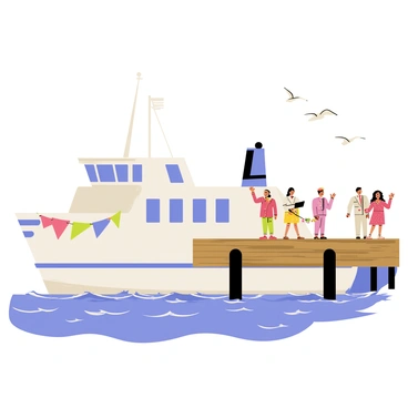 A large white ferry with a blue stripe is approaching a wooden dock. The ferry has several windows and a tall smokestack. A colorful "Welcome Back Sailors" banner is stretched across the dock, fluttering in the breeze. People are gathered on the dock, waving and smiling, with some holding flowers. The water around the ferry is rippling gently, reflecting the sunlight. Seagulls are flying overhead, and a lighthouse can be seen in the distance.