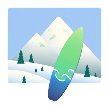 A brightly colored surfboard with a vibrant design is leaning against a snowy mountain. The surfboard features a combination of blue and green waves painted on its surface. In the background, the towering mountain is covered with a thick layer of white snow, glistening under the sunlight. There are patches of evergreen trees scattered on the mountain's lower slopes, contrasting with the white snow. The sky above is clear blue, creating a striking backdrop for the scene. The surfboard's placement at an angle against the mountain creates a unique juxtaposition of surf and snow culture.