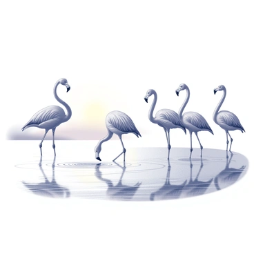 A group of flamingos wading in a lake. The birds stand gracefully on one leg, their long necks curved as they search for food in the water. The lake's surface is calm, reflecting the silhouettes of the flamingos. The scene conveys a sense of tranquility, as the first light of dawn illuminates the lake's surroundings. Gentle ripples disturb the surface of the water where the flamingos are wading. The horizon hints at the rising sun, creating a serene atmosphere.