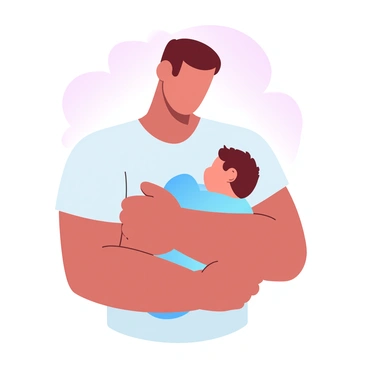 A man with short hair is holding a newborn baby swaddled in a soft blanket against his chest. The baby is cradled gently in the man's arms, with the blanket wrapped securely around the infant. The man is wearing a simple t-shirt, and the tenderness of the moment is highlighted by the close physical contact. In the background, there are soft gradients of pastel colors creating a soothing atmosphere.