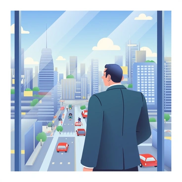 A cityscape is visible from above, showcasing a sprawling urban environment filled with tall buildings and busy streets below. In the foreground, a mafia boss with a sharp suit and slicked-back hair stands by a large window in a skyscraper. He has a stern expression, watching the city with intensity. The window reflects the bustling city life, highlighting cars moving along the streets and tiny figures walking. The sky is a vibrant blue, with a few fluffy clouds scattered throughout, adding depth to the scene.
