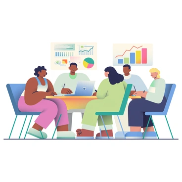 A diverse group of people gathered around a table, discussing a project with laptops and charts