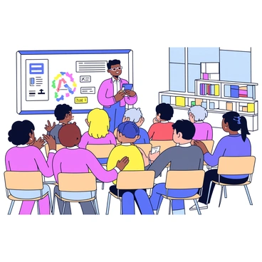 A university lecture hall filled with attentive students seated at wooden desks. The professor stands at the front of the room, wearing glasses and holding a stack of notes. A whiteboard behind the professor displays colorful diagrams and text. The students, a diverse group of young adults, are looking towards the professor, some taking notes while others have their hands raised. The hall has large windows allowing natural light to fill the space, and there are shelves with books and educational materials visible in the background.
