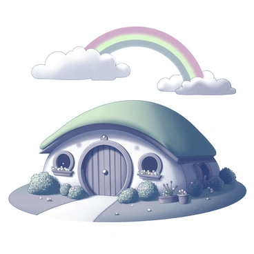 A hobbit hole built into a grassy hillside. The entrance features a circular wooden door, surrounded by blooming flowers and lush greenery. The round windows are framed with flower boxes. The landscape is dotted with small shrubs and a winding path leading to the door. In the sky above, a rainbow arches gracefully, its vibrant bands contrasting against the gray clouds that linger from a recent rain shower. The ground is slightly damp, with droplets clinging to the leaves and flowers.