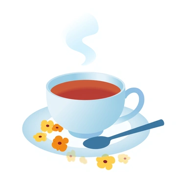 A steaming cup of marigold tea sits on a delicate saucer. The cup is ceramic and features a smooth glaze that reflects the warm tones of the tea. Surrounding the cup, several dried marigold petals are scattered across the saucer, their vibrant yellow and orange hues contrasting against the white surface. The steam rises gently from the cup, creating soft curls in the air above it. A small spoon rests beside the cup, hinting at a moment of pause before enjoying the tea.