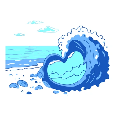 A blue wave cresting in the shape of a heart is crashing onto a sandy beach. The wave is frothy and dynamic, with white sea foam forming at the tips of the heart shape. As the wave breaks, droplets of water are flying into the air, catching the sunlight. In the background, gentle ripples of the ocean extend toward the horizon, while the shore is littered with small seashells and smooth stones. The sky is clear with a few wispy clouds scattered, creating a serene atmosphere around the vibrant wave.