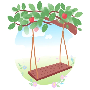 A rustic swing is hanging from a sturdy branch of an apple tree. The swing is made of worn wood with natural knots and is gently swaying in the breeze. Above the swing, the vibrant green leaves of the apple tree create a dappled pattern of light and shadow on the ground. In the background, a sunny field stretches out, dotted with colorful wildflowers. A few ripe apples are visible on the tree, adding a touch of red to the scene. The sky above is a bright blue with soft, white clouds scattered throughout.
