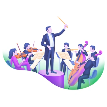 An orchestra conductor stands confidently on a podium, holding a baton high in the air. The conductor is dressed in formal attire, with a black tailcoat and a white shirt. Surrounding the conductor is a diverse group of musicians, each playing a different instrument, including violins, cellos, flutes, and trumpets. The musicians exhibit perfect synchronization, with their eyes focused on the conductor. Sheet music is visible on their stands, and the ambiance captures the essence of a harmonious performance. The overall composition conveys a sense of unity and precision among the musicians.