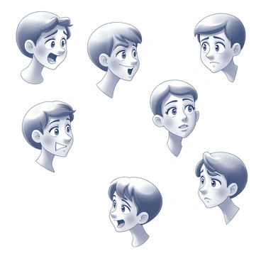 A collection of character sketches displaying a range of emotions and expressions. Each sketch features a different character with distinct facial features and hairstyles. One character shows "happiness" with a broad smile and sparkling eyes, while another expresses "anger" with furrowed brows and a tight-lipped frown. A third character conveys "sadness" with downturned lips and a teary gaze. Another sketch illustrates "surprise," capturing wide eyes and raised eyebrows. The final character showcases "contentment" with a serene smile and relaxed facial features. Each sketch emphasizes the unique nuances of human emotion through detailed facial expressions.