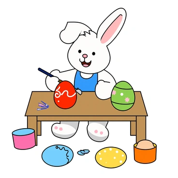 A cheerful bunny with fluffy white fur and large expressive ears is sitting at a small wooden table. The bunny is using a paintbrush to carefully paint intricate designs on a bright red Easter egg. Surrounding the bunny on the table are several more eggs in different colors, including blue, yellow, and green. Each egg features various patterns, such as swirls, dots, and flowers. The bunny wears a tiny blue apron to protect its fur from paint splatters. There are paint pots in vibrant colors, including pink and orange, scattered around the table, and a few paintbrushes are lying next to the pots. The scene is lively and filled with a sense of creativity.