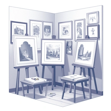 A corner filled with vintage illustrations displayed on wooden easels. Each illustration features distinct classic styles, showcasing details like intricate line work and ornate patterns. The setting has a rustic wooden floor, and the walls are adorned with frames that highlight the illustrations. In the foreground, there are a few art supplies, such as pencils and sketchbooks, arranged neatly on a small table. The overall atmosphere conveys a sense of nostalgia and appreciation for traditional artistic techniques.