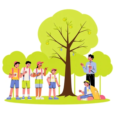 A group of five school children, wearing colorful backpacks, are exploring a cashew orchard. The children are gathered around a large cashew tree with broad green leaves. One child is pointing at a cluster of cashew fruit hanging from the branches, while another child is taking notes on a small clipboard. The third child is examining a cashew nut on the ground, and the fourth child is looking up at the tree with curiosity. The fifth child is sitting on the grass, listening attentively to an adult guide who is explaining the process of growing cashews. The background features rows of vibrant green trees under a clear blue sky.