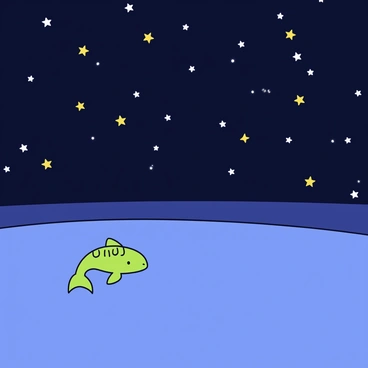 A small green tadpole is swimming near the surface of a calm pond. The tadpole has a rounded body and a long, slender tail. Above the tadpole, the night sky is filled with twinkling stars. The stars are reflected in the clear water of the pond, creating a shimmering effect. The surrounding area is dark, enhancing the brightness of the stars and the reflection on the water.