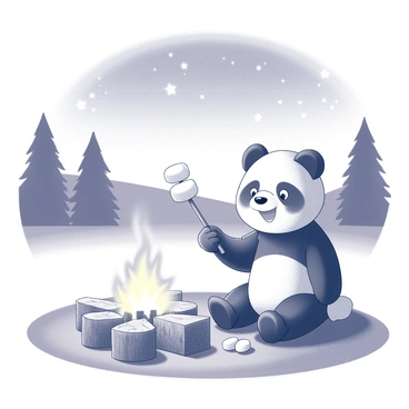 A panda is sitting beside a campfire, positioned on a patch of grass. The panda is holding a stick with marshmallows over the flames, and there are several marshmallows on the ground nearby. The campfire emits a warm glow, illuminating the panda's fur and casting flickering shadows on the ground. Above, a starry sky filled with twinkling stars creates a serene atmosphere, while the silhouette of distant trees frames the scene. Small logs are arranged around the campfire, suggesting a cozy gathering spot.
