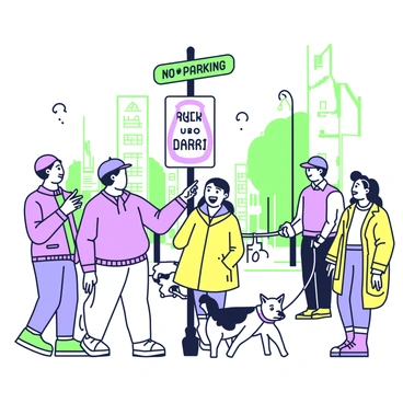 A street sign that reads "No Parkin" is prominently displayed, featuring playful fonts and an exaggerated design. Surrounding the sign, a group of confused pedestrians are gathered, each displaying various expressions of surprise and amusement. One pedestrian, a man in a blue cap, points at the sign while his eyes widen in disbelief. A woman next to him, wearing a yellow raincoat, chuckles as she looks at the sign. In the background, a dog on a leash is seen sniffing around, adding to the lively scene. The street is lined with quaint buildings and trees, contributing to the urban atmosphere.