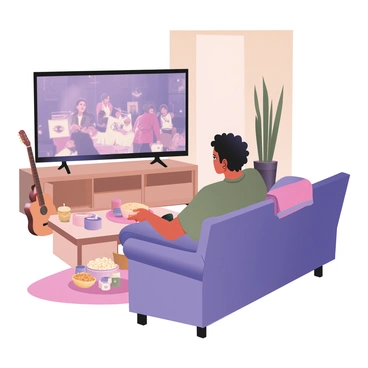 A person watching a live-streamed concert from their living room with snacks around.
