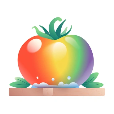 A close-up view of a rainbow tomato, highlighting its vibrant colors including shades of red, yellow, green, and purple. The tomato's surface is shiny and smooth, reflecting light. Around its base, there are tiny droplets of water, enhancing its freshness. The tomato is placed on a wooden surface, with a few scattered green leaves providing a natural backdrop. The genetic enhancements are visible in the unique coloration and patterns on the skin, showcasing the fruit's modified attributes.