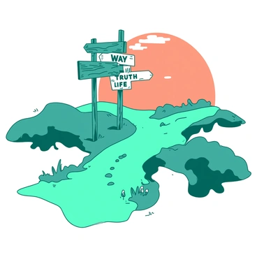 A teal crossroads is depicted with a dirt path leading in multiple directions. Three wooden signposts stand firmly at the center, each labeled with the words "way," "truth," and "life" in bold white letters. The signposts are slightly weathered, suggesting they have been there for some time. Surrounding the crossroads are patches of green grass and a few scattered wildflowers. The sky above is a bright orange, hinting at a sunset, casting a warm glow over the scene.