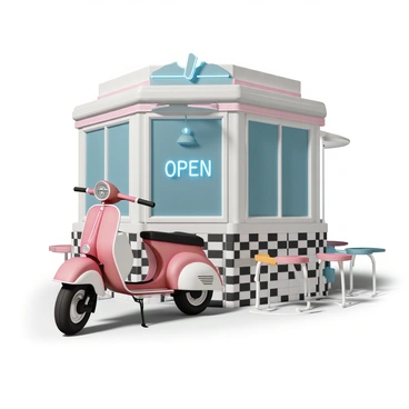 A retro-designed electric scooter parked next to a classic diner