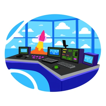 A high-tech control room featuring a sleek dashboard filled with various digital screens and buttons. One of the screens displays a vibrant live feed of a 3D rocket launch, showcasing the rocket soaring into a blue sky with white clouds in the background. The dashboard is illuminated with colorful lights, indicating different monitoring systems. There are multiple gauges and dials, and some screens show data analytics related to the launch. The control room has large windows with a view of the launch pad outside.