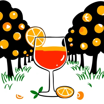 A glass filled with a negroni cocktail, featuring vibrant layers of red and amber liquid. Fresh orange slices are placed on the rim of the glass. In the backdrop, there are rows of orange trees laden with ripe oranges, bathed in sunlight. The ground is covered with lush green grass, and there are scattered orange peels around the base of the trees. The scene captures the essence of a warm, inviting day in an orange grove.