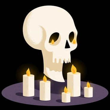 A white skull positioned upright, serving as a candle holder. The skull has hollow eye sockets, where two small lit candles are placed, casting a warm glow. Additional candles in various heights are placed around the base of the skull, also lit and flickering. The scene is set against a dark surface, enhancing the contrast of the illuminated candles against the skull. Shadows from the candles dance across the surface, creating an eerie and captivating atmosphere.