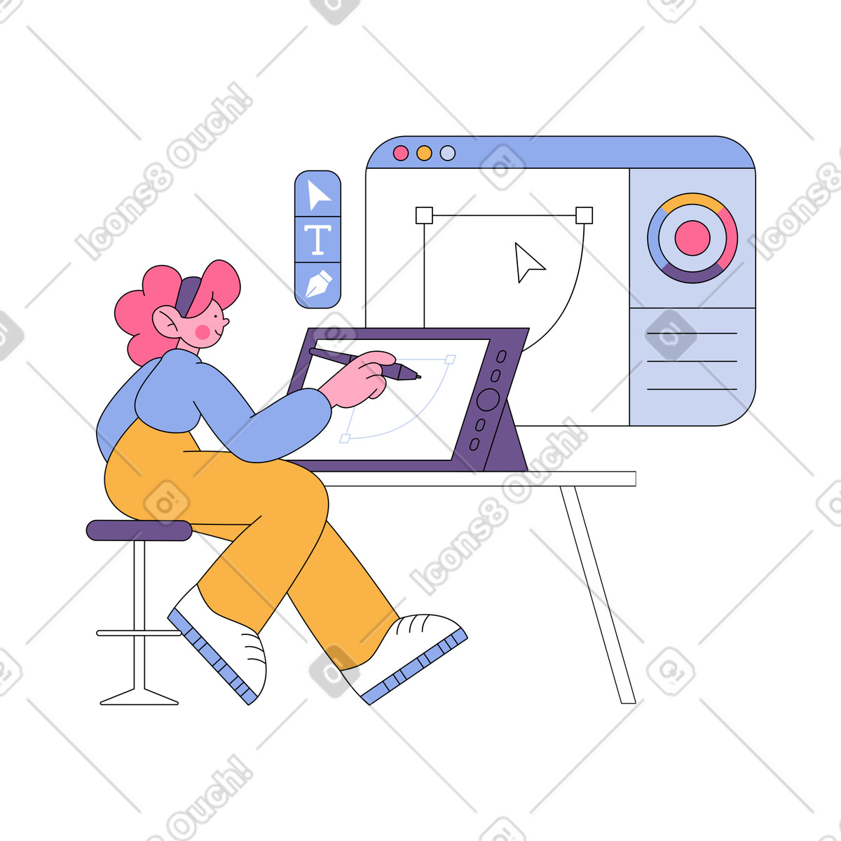 Designer che lavora con la penna e crea un sito web illustrazione in stile Bloom scarica in PNG, SVG