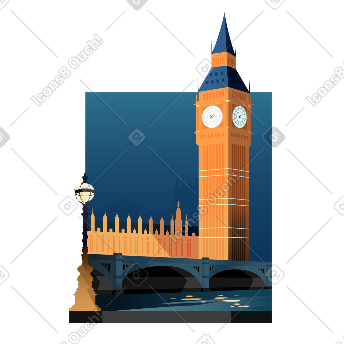 Illustration Londres soirée big ben fond dans le style Vivid à télécharger aux formats PNG, SVG
