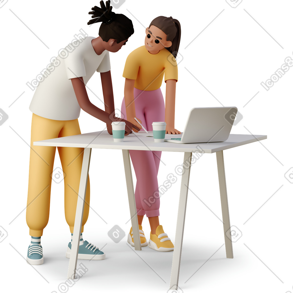 3D Casual life 스타일의 Colleagues discussing team project at the table 일러스트레이션 PNG, SVG 다운로드