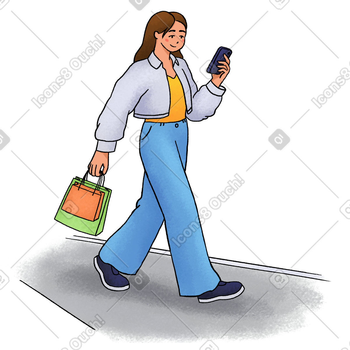 Young shopper carrying bags and using phone, urban lifestyle technology use illustration in Experimental style download in PNG, SVG