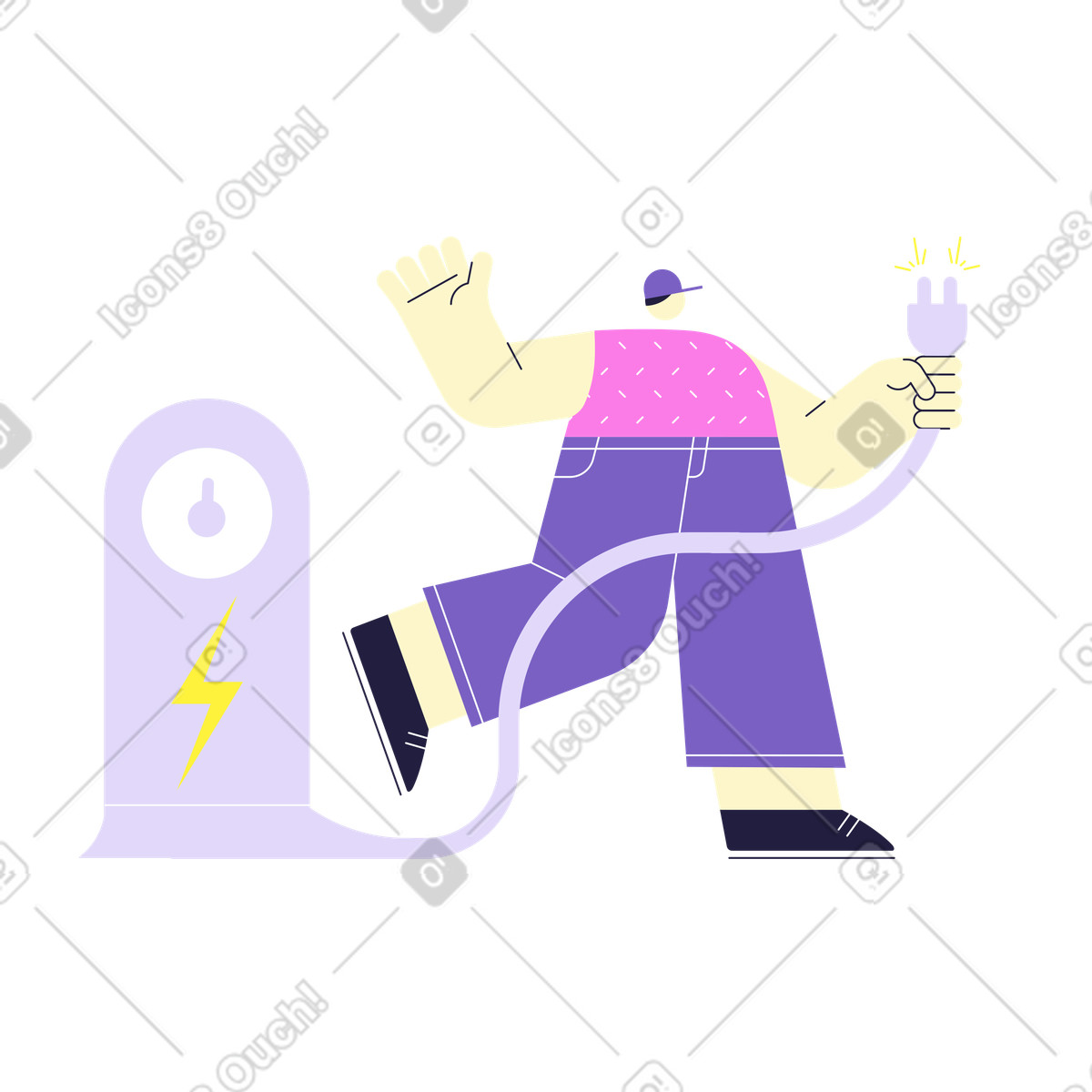 Mann hält einen stecker aus einem kraftwerk-Illustration im Mellow-Stil als Download in PNG, SVG