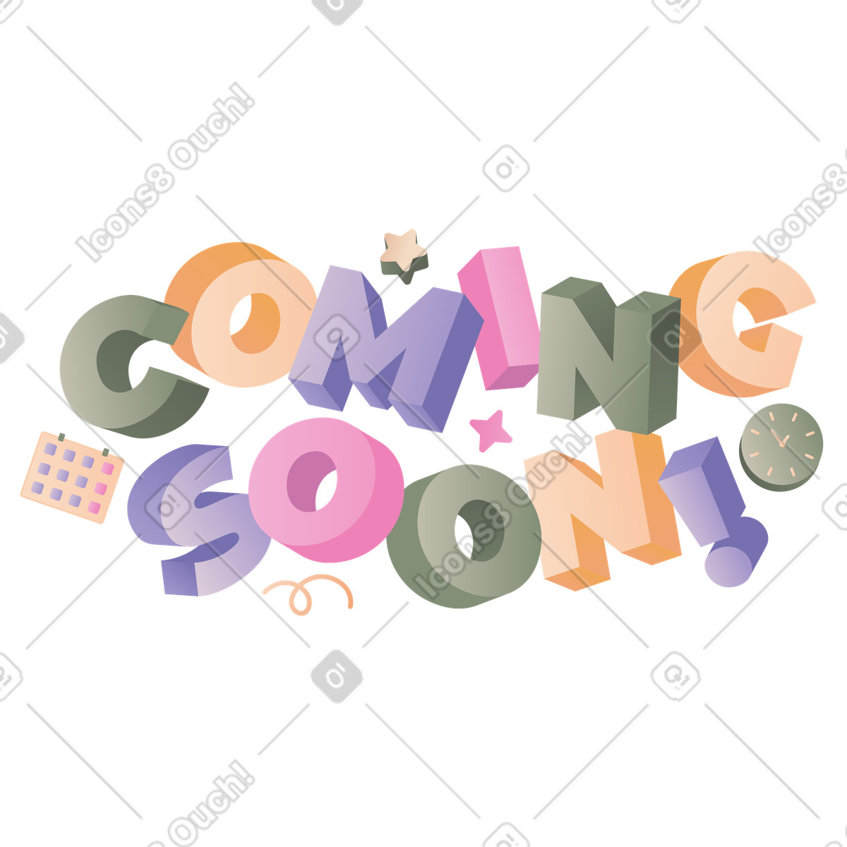 Lettering Coming Soon with clock, calendar and decorations text illustration in Coworking style download in PNG, SVG