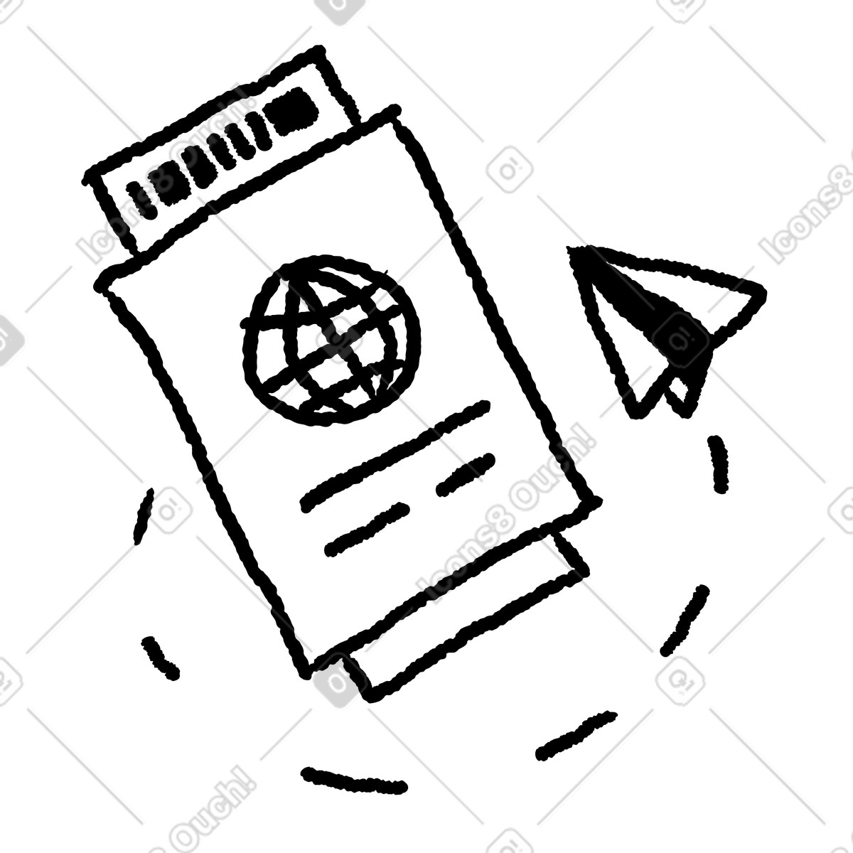 下载 Black Chalk 风格的 Passport with boarding pass and paper airplane travel doodle sketch 插画，支持 PNG、SVG 格式