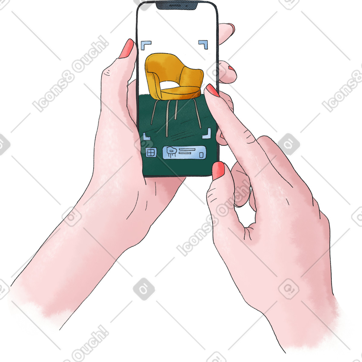 Ilustração de Hands holding a phone with furniture search app em no estilo Moments para baixar em PNG, SVG
