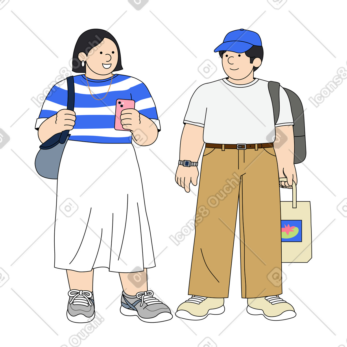 Young woman and man smiling at each other illustration in Kindy style download in PNG, SVG