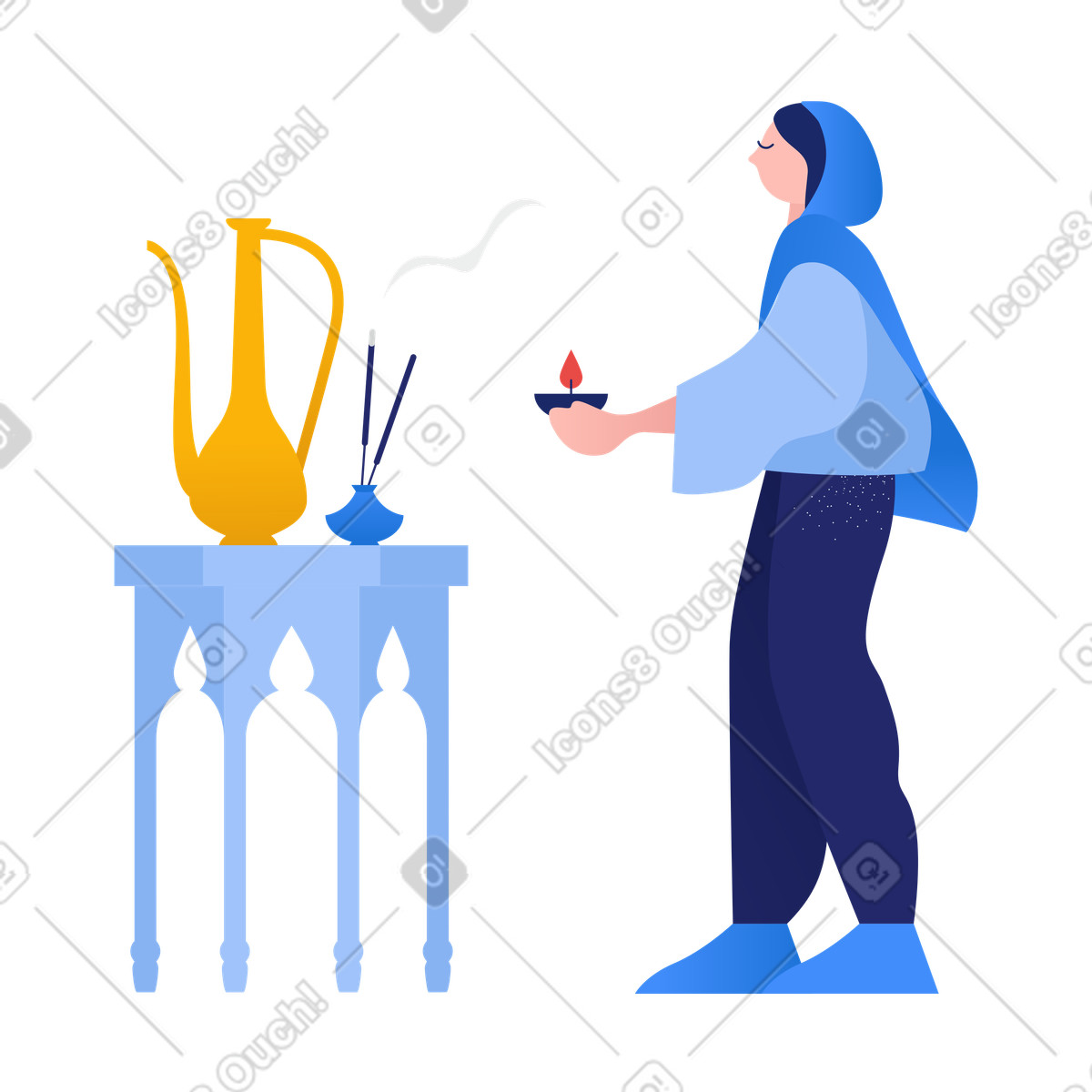 Frau stellt diwali-kerze auf einen kleinen tisch-Illustration im Clip-Stil als Download in PNG, SVG
