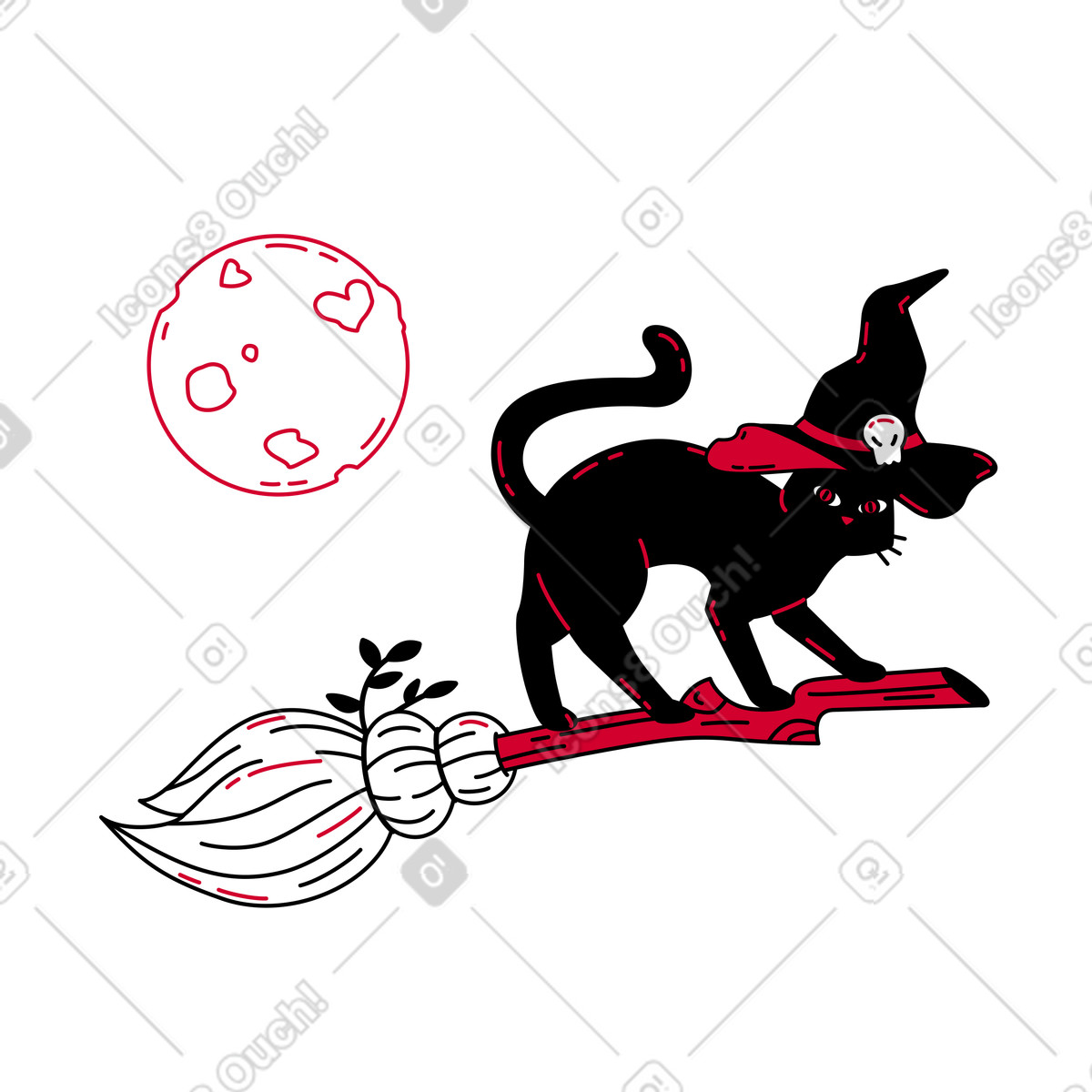Witch cat on broom at night illustration in Ruby style download in PNG, SVG