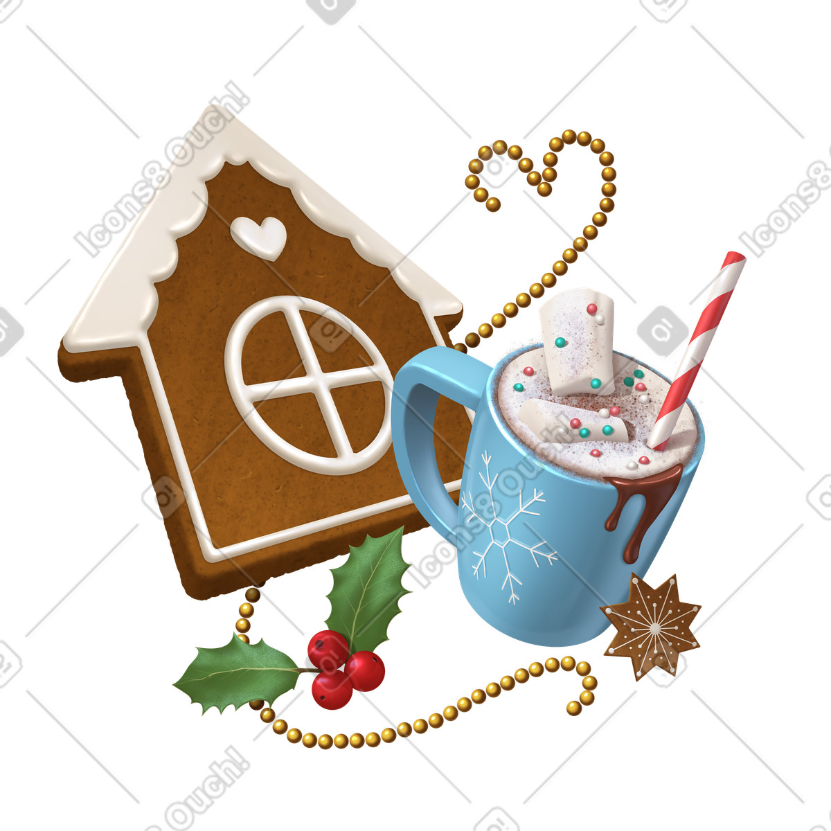 Ilustração de Festive drink and gingerbread house with holly, Seasonal dessert beverage em no estilo Props para baixar em PNG, SVG